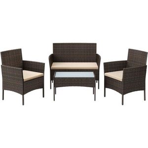 Buitentuinmeubels, meubelset, gevlochten oppervlak in PE, tafel en stoelen, voor terras, tuin, balkon, bruin en taupe