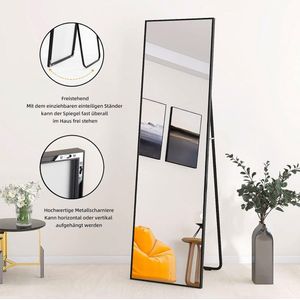 Staande spiegel met zwart metalen frame 140 x 40 cm HD grote full-body spiegel met haak voor woonkamer of kleedkamer (zwart)