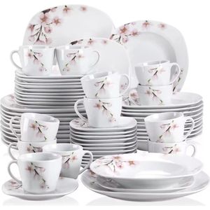 Serviesset - Servies - Serviesset 60 delig - 12 Bord groot - 12 Bord klein - 12 Soep bord - 12 Kopje - 12 Schoteltje - Wit - Bloem