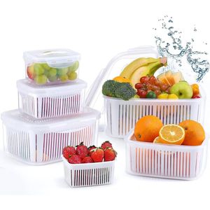 Voedselopslagcontainers Fruit Groenten met deksel Zeef, opslagcontainers Set van 5, 5,8 L + 3,8 L + 2,3 L + 1,3 L + 0,7 L BPA-vrij, Voedselopslagdozen goed scheidbaar, Koelkastorganizer