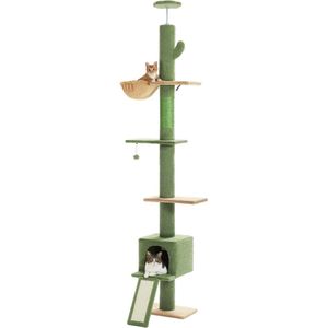 Road Cactus Plafond-tot-Vloer Kattenboom Verstelbaar van 216 cm tot 273 cm - Ruime Activiteitenruimte met Hangmat en Kattenappartement - Anti-valriem - Groen