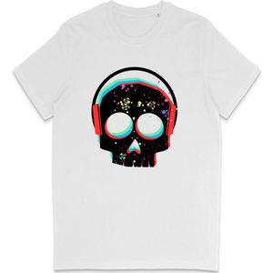 T Shirt Heren Dames - DJ Skull Grafische Print Opdruk - Wit - Maat S
