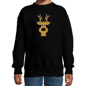 Rendier hoofd Kerstsweater - zwart met gouden glitter bedrukking - kinderen - Kersttruien / Kerst outfit 152/164