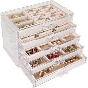 Acryl sieradendoos met 5 laden, doorzichtig sieradendoosje voor ringen, oorbellen, horloges, armbanden en halskettingen, beige