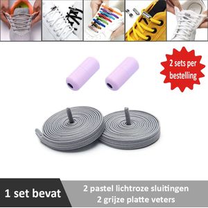 2 paar grijze platte elastische veters met pastel lichtroze sluitingen. Je hoeft voortaan nooit meer je veters te strikken.