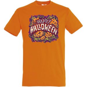 T-shirt kinderen Happy Halloween pompoen | Halloween kostuum kind dames heren | verkleedkleren meisje jongen | Oranje | maat 128
