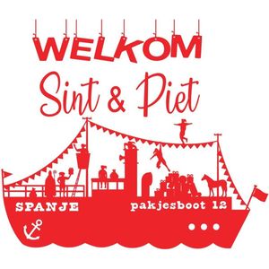 Statische Raam folie Sticker Sint en Piet Pakjesboot Schip 5 december Boot  Herbruikbaar Sticker afmeting 60x 30 tekst 40x24 cm