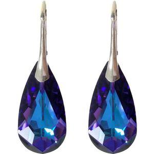 DBD - Zilveren Oorbellen - Druppel - Swarovski Kristal Elements - Heliotrope Paars Blauw - 24MM - Anti Allergisch