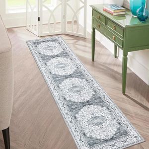 Runner-tapijt 60 x 300 cm antislip lang keukentapijt wasbaar dun tapijt gebied bloem medaillon tapijt voor woonkamer slaapkamer keuken (grijs)