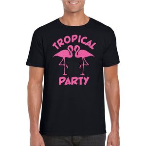 Bellatio Decorations Tropical party T-shirt heren - met glitters - zwart/roze -carnaval/themafeest XXL