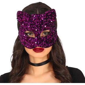 Fiestas Guirca - Masker Paarse Pailletten Kat - Halloween Masker - Enge Maskers - Masker Halloween volwassenen - Masker Horror