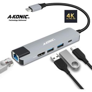 A-KONIC© Thunderbolt - 5 in 1 USB C naar 4K HDMI Adapter – 2x USB 3.0 Ports, USB-C Charging en Ethernet / LAN port