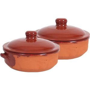 2x Stenen ovenschalen met deksel bruin 24 cm - Terracotta ovenschalen/braadpannen - pannetjes voor 1 persoon