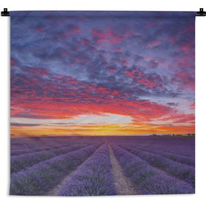 Wandkleed De lavendel - Lavendelveld onder zonsondergang Wandkleed katoen 180x180 cm - Wandtapijt met foto