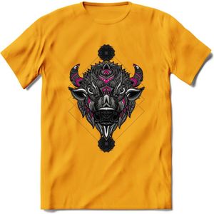 Bizon - Dieren Mandala T-Shirt | Roze | Grappig Verjaardag Zentangle Dierenkop Cadeau Shirt | Dames - Heren - Unisex | Wildlife Tshirt Kleding Kado | - Geel - XXL
