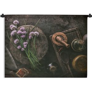 Wandkleed Bieslook  - Verse bieslook op een keuken Wandkleed katoen 60x45 cm - Wandtapijt met foto