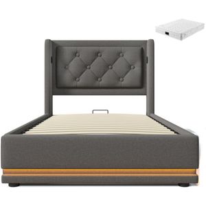 Gotagee Gestoffeerd bed 90x200cm eenpersoonsbed (met matras) grijs katoen hydraulisch opbergbed met USB Type-C oplaadfunctie en 3-zijdige LED-functie