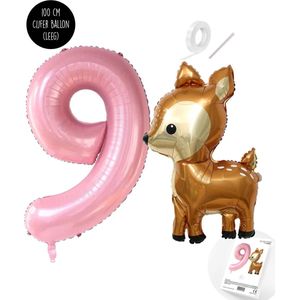 Snoes - Bambi Basis ballon set XXL Cijferballon Baby Pink 9 - Lief Hert + Cijfer Ballon 9 Jaar - Helium Geschikt