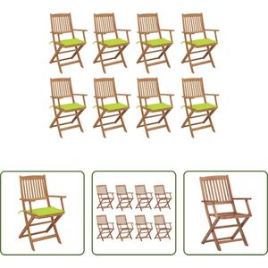 The Living Store Stoelen Set Tuin - Acaciahout - Inklapbaar - 8 stuks - Helder groene kussens