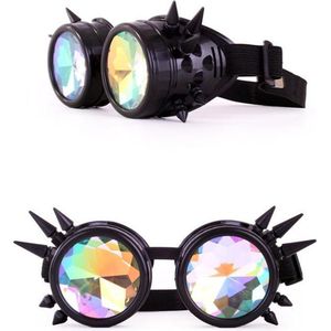 KIMU Goggles Steampunk Bril Met Spikes - Zwart Montuur - Caleidoscoop Glazen - Spacebril Space Caleidoscope Holografisch Festival