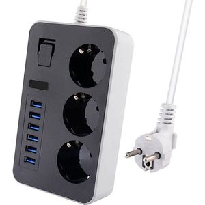 Premium Stekkerdoos | Contactdoos met 6 USB poorten | Verdeeldoos | 1.60m Verlengsnoer voor naar het Stopcontact| Aan/Uitschakelaar | Geschikt voor Apple / Samsung / LG / Huawei / HTC | Zwart