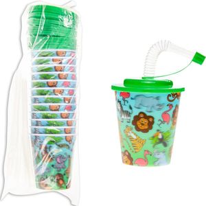 12 STUKS WILDE DIEREN 3D Drink Beker met Rietje en Deksel - 250ML - Jungle Plastic Bekers - Kinderfeestje - Kinderverjaardag Bekertjes - Traktatie - Uitdeelcadeaus