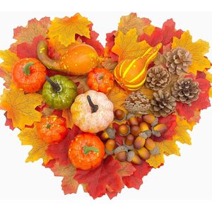 Thanksgiving Decoratieset, dennenappels voor kunstmatige esdoornbladeren, oogstpompoen, kleine kwastjes, herfst- en Halloween-feestdecoratie, in totaal 128 stuks