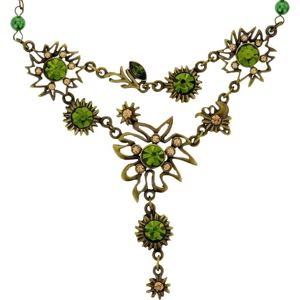 Behave Ketting antiek-goud-kleur met bloem hanger en groene stenen