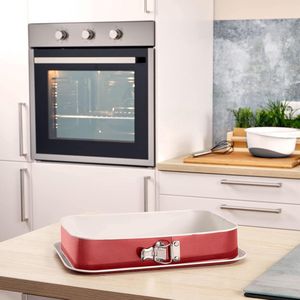 Springvorm, hoekige bakvorm 35x24 cm, rood-crème, met lekbescherming, anti-aanbaklaag, grote, hoge rechthoekige taartvorm