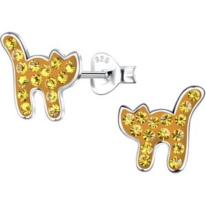 Joy|S - Zilveren kat poes oorbellen - 10 x 11 mm - oker geel met geel kristal - oorknoppen - kinderoorbellen