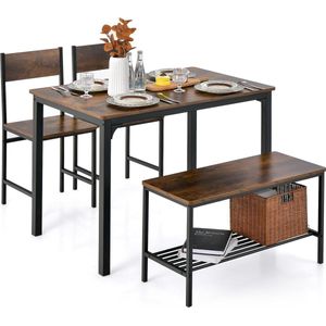 Eettafelset 4-delig, keukentafel met 2 stoelen & 1 bank en plank, eetgroep, zitgroep, industrie, eetkamertafel, metalen frame, bartafelset voor keuken en eetkamer (vintage bruin)