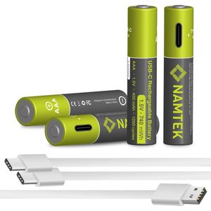 Namtek Oplaadbare batterijen AAA 1.5V 740 mWh met USB Type-C Kabel opladen - Lithium USB batterijen - Duurzame Keuze - 4 stuks