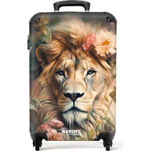 NoBoringSuitcases.com® - Handbagage koffer lichtgewicht - Reiskoffer trolley - Leeuwenkop omringd door bloemen - Rolkoffer met wieltjes - Past binnen 55x40x20 en 55x35x25