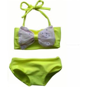 Maat 68  Bikini zwemkleding Fluor Neon Geel strik van kant badkleding met steentjes  voor baby en kind Fel Gele zwem kleding