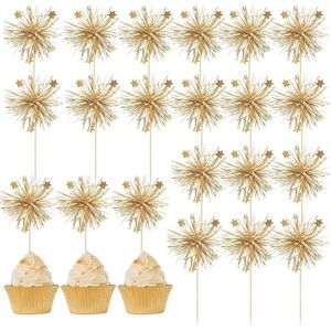 20 stuks folie cupcake-toppers Happy Birthday-taartdeksels Glitters tinselbloemen taartdecoratie voor jongens - Goud deco