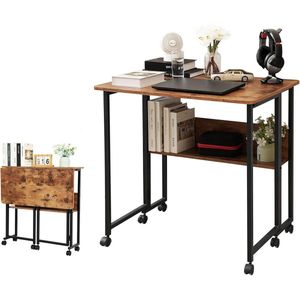 Computertafel - Computerbureau - Laptoptafel - Inklapbaar Kleine Tafel - Werktafel - Bijzettafel - met Wieltjes - Opvouwbare - IndustriëLe Stijl - voor - Thuis - Kantoor - 80 x 58 x 79 cm - Vintage Koffie