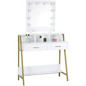 SureDeal® - Make-up Tafel met LED Spiegel - 90x40x135 cm - 2 Lades - Open Vakken - Wit -Goud - Stabiel Metaal -E1 Melamine