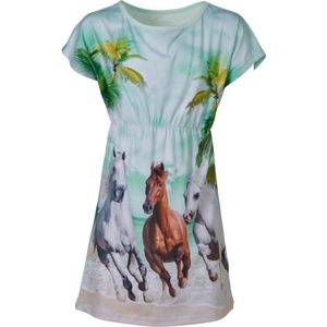 Meisjes jurk korte mouwen  paarden print - aqua groen | Maat 116/ 6Y