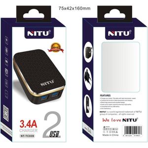 NITU Universele oplader/ van EU naar VS of VS naar EU/ 2x USB poorten/voor Samsung, iPhone en andere merken + 1 meter Micro kabel/ 3.4A home charger, zwart