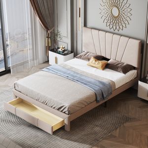 Gestoffeerd bed 140 x 200 cm -bed met lattenbodem-rugleuning en grote lade- huidvriendelijke fluwelen stof-beige bed tweepersoonsbed jeugdbed(Zonder matras)