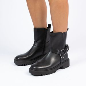 Manfield - Dames - Zwarte leren biker boots - Maat 41