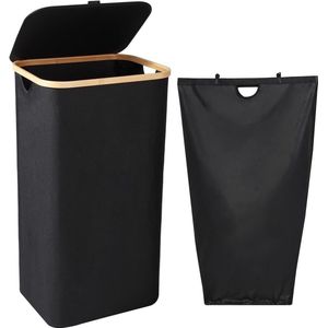 Wasverzamelaar met deksel, 100 liter, zwart met afneembare waszak, opvouwbare vuilwasmand, voor kleding, dekens, lakens, speelgoed