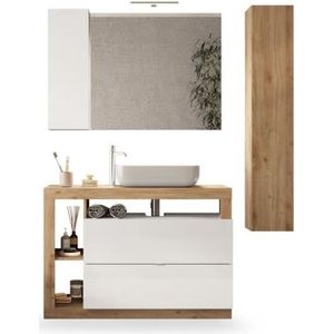 Hamburg L110 badkamer meubelset - bassin + 2 laden + 3 niches + kolom - lichte eiken kleuren en wit gelakt wit wit