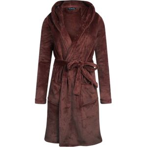 Charlie Choe badjas dames - 100 % zacht fleece - lang model - dames badjas met capuchon - trendy ochtendjas - bruin - maat XS