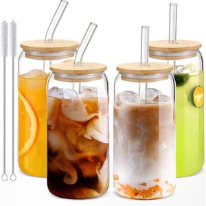 Drinkglas met rietje en deksel - Set van 4 - Cocktailglazen - Ijskoffieglazen - Bierglazen in blikvorm - Longdrinkglazen - Perfect cadeau - Water Koffie Cocktail Sodasmoothie