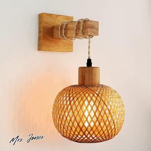 Mrs. Jones Vintage Binnen Wandlamp E27 Retro Houten Wandlamp met Rotan Lampenkap Kooi Wandlampen Worden Gebruikt In Woonkamers Slaapkamers Gangen en Restaurants Max 60w (Zonder Gloeilamp) - Industriële Verlichting .