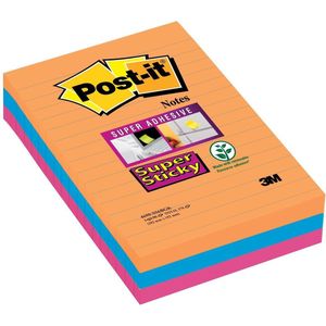 Post-it® Super Sticky Notes, Kleurenset Bangkok , Neon oranje, Neon roze, Electric blauw, Gelijnd , 101mm x 152mm, 90 blaadjes, 3 blokken