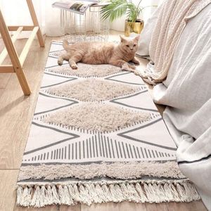 Katoenen tapijt, getuft katoenen tapijt, wasbaar met kwastjes, geweven geometrische shag-overtrek, boho-tapijt voor bijkeuken / slaapkamer (beige, 60 x 180 cm)