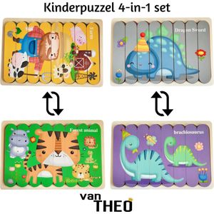 Houten Puzzel - Dubbelzijdige Kinderpuzzels - Set 4-in-1 - Montessori Speelgoed - Set Jungle en Dino's