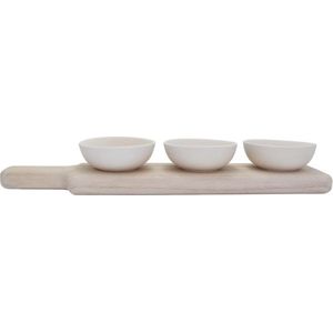 LEEFF - Serveerset SAAR - zandkleur - Set van 3 kommetjes en houten serveerplank - 43 cm x 10 cm